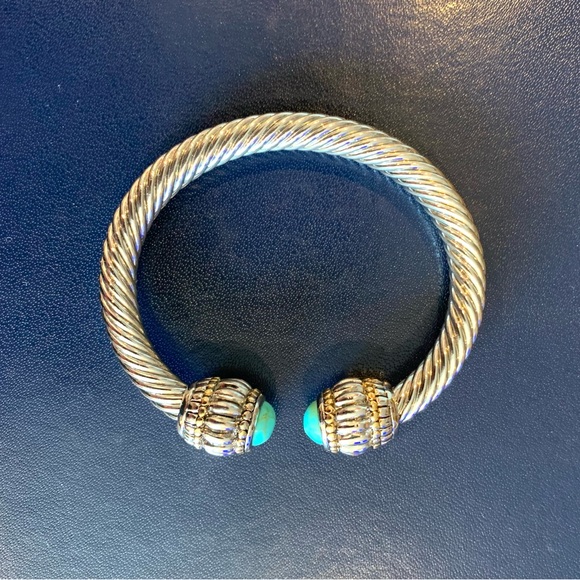 Stunning Rhodium-plated Chrome Cable Bangle with Turquoise Stones - Picture 4 of 6